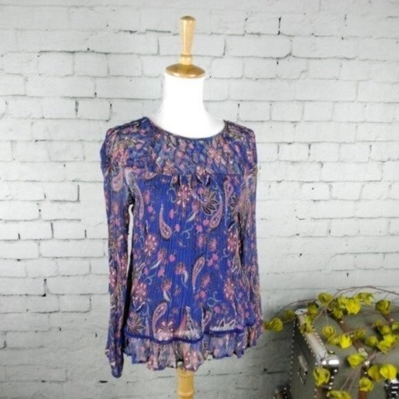 Sundance Paisley Diamond Smocked Top Blue XS - Picture 1 of 8